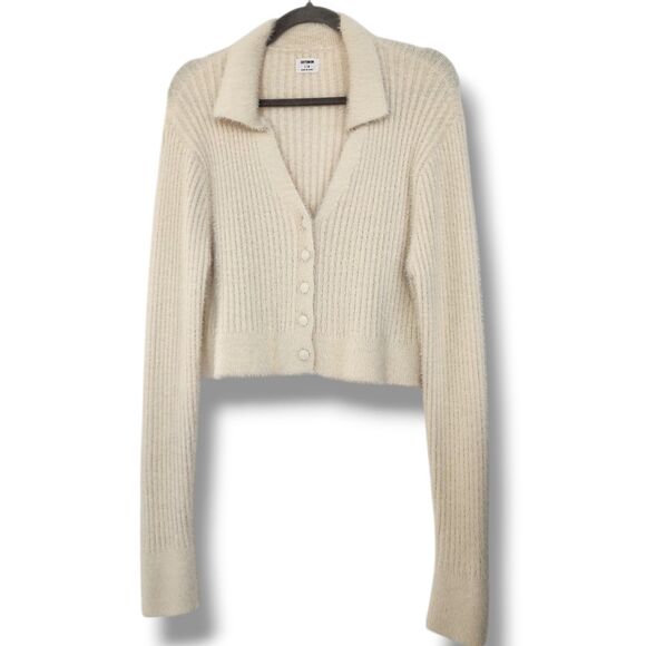 Cotton On Knit Cardigan Cropped Size L Cream Collared Ribbed Fuzzy Soft Academia - Picture 1 of 10